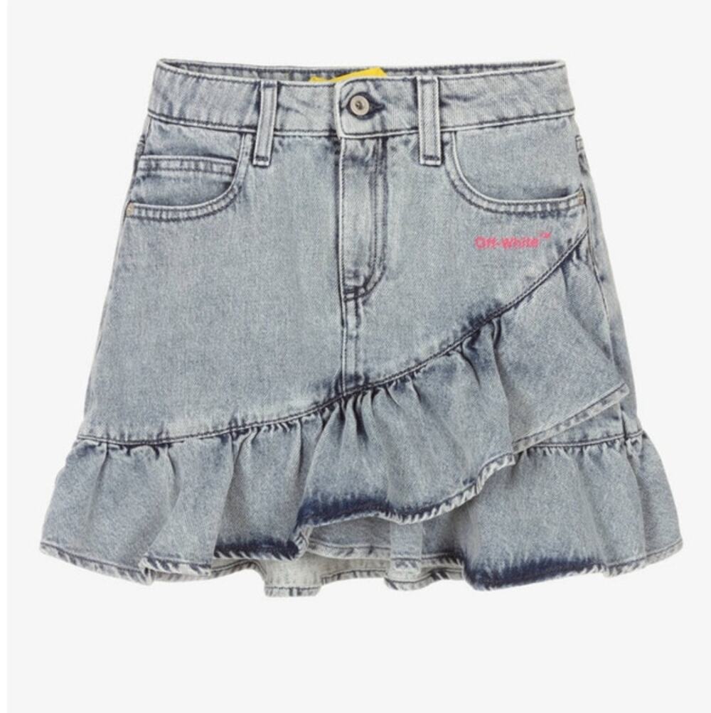 Off White Kids Denim Ruffle Skirt Blue Diagonal Sz 12